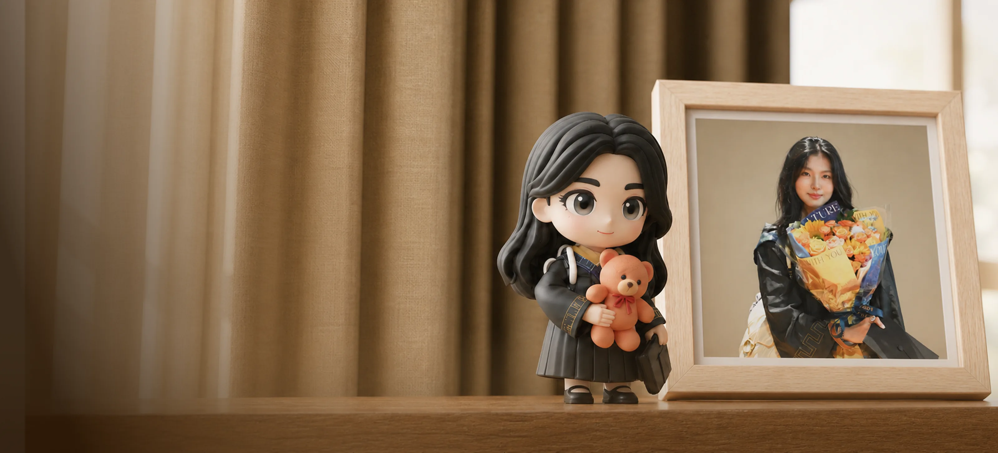 A custom chibi figure beside the photo it was made from