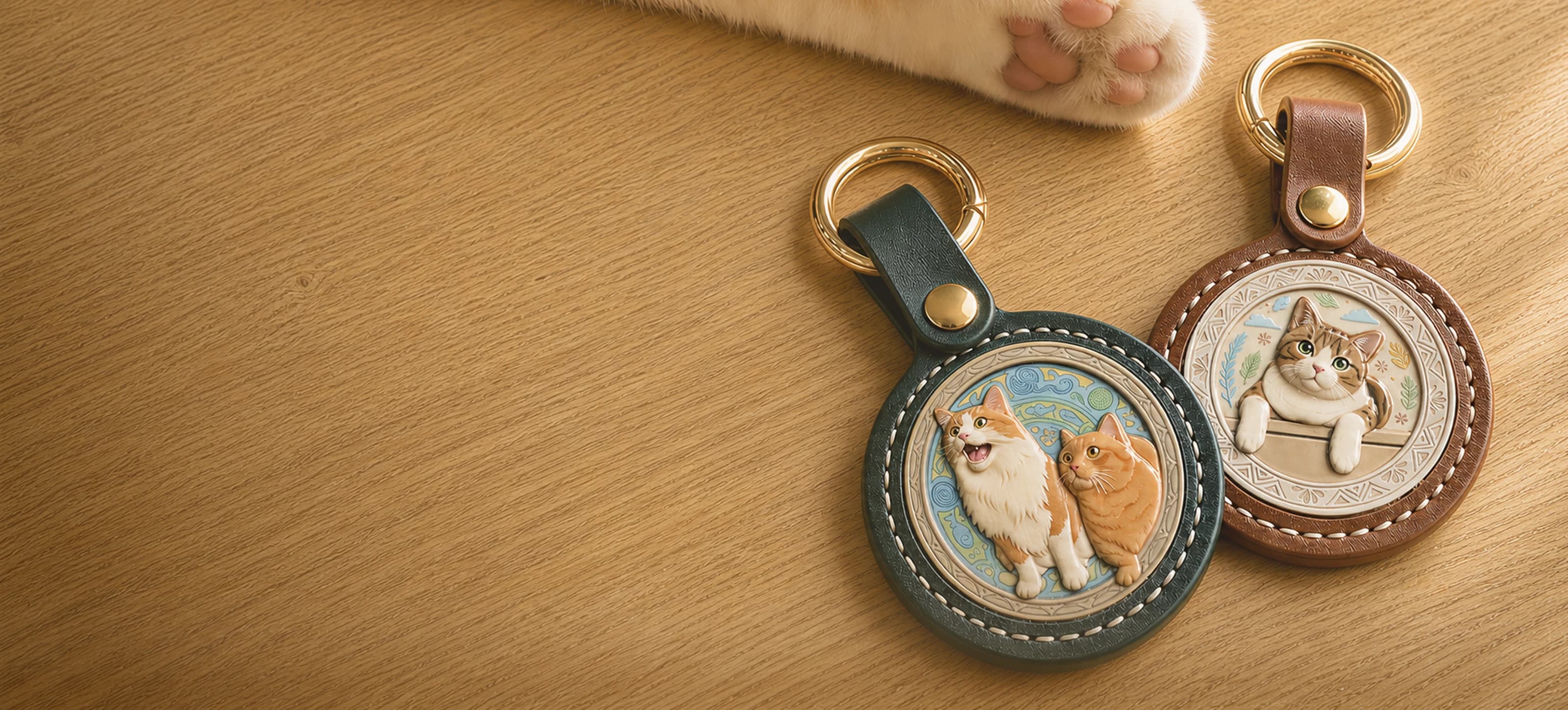 A pet keychain made from a photo, on a leather strap