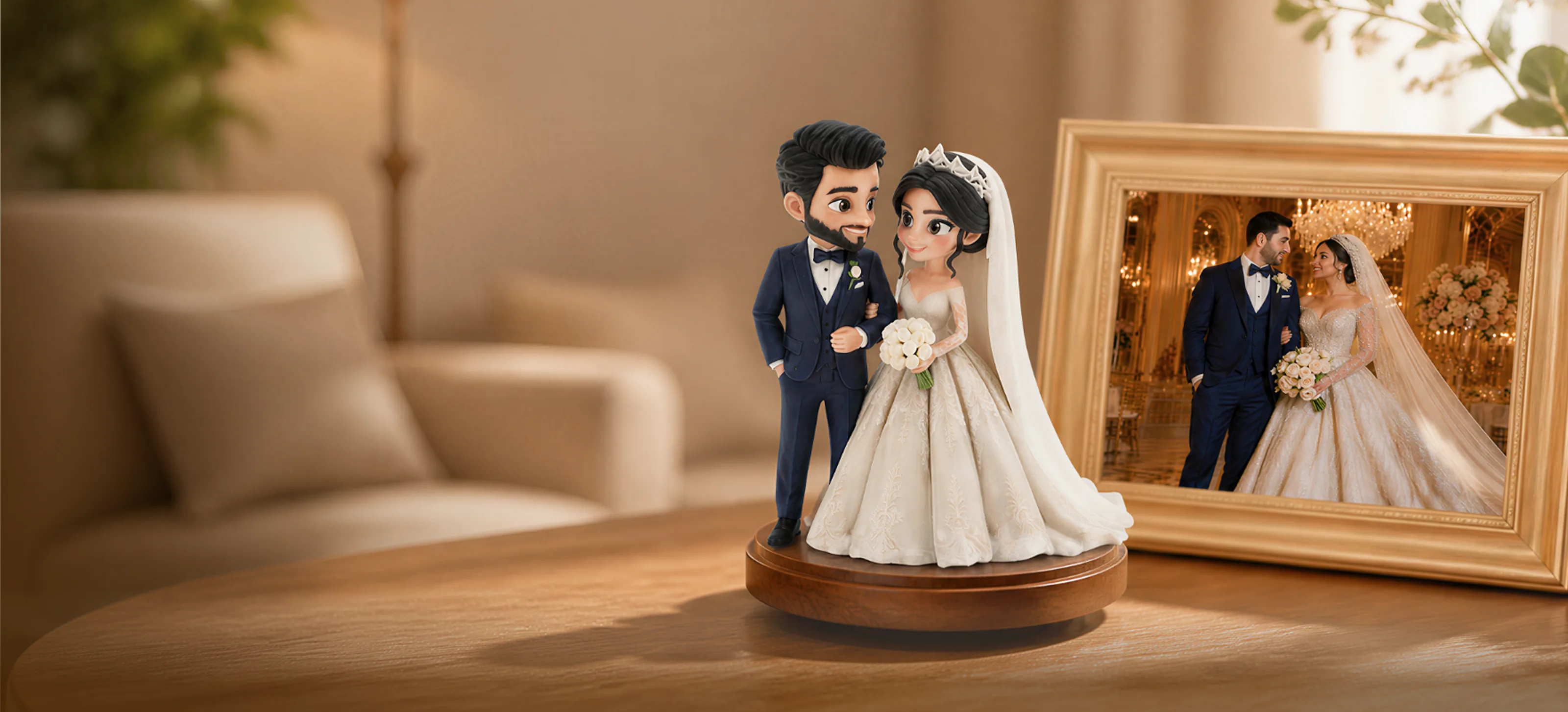 Eine individuelle Chibi-Figur von zwei Personen neben dem Foto, aus dem sie entstand