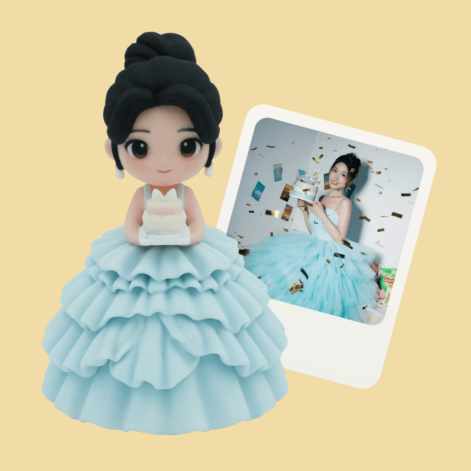 A custom chibi figure of a person, printed in full colour
